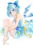  absurdres adapted_costume bare_arms barefoot blue_bow blue_dress blue_eyes blue_hair blue_nails blush bow cirno closed_mouth dress flower from_side full_body hair_bow highres ice ice_wings knees_up lace leg_hug looking_at_viewer moko_(3886397) morning_glory multicolored multicolored_nails nail_polish ribbon see-through short_hair simple_background sitting sleeveless sleeveless_dress solo tanned_cirno touhou white_background wings yellow_nails yellow_ribbon 