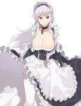  2l_(2lsize) apron azur_lane bangs belfast_(azur_lane) blue_eyes blurry braid breasts cleavage closed_mouth commentary_request crown_braid depth_of_field dress frilled_dress frills highres huge_breasts long_hair looking_at_viewer maid maid_headdress silver_hair simple_background solo standing thighhighs tsurime waist_apron white_background white_legwear 