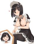  2l_(2lsize) anger_vein bangs black_dress black_hair black_legwear blunt_bangs blush bob_cut breasts breasts_outside detached_collar dress frills full-face_blush grey_eyes highres light_smile looking_at_viewer maid maid_headdress medium_breasts nipples nose_blush open_mouth original short_hair short_sleeves simple_background sitting smile thighhighs white_background wrist_cuffs 