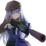  absurdres assault_rifle beret blue_jacket blurry blurry_background blurry_foreground brown_hat commentary_request depth_of_field facial_mark ginopi girls_frontline gloves glowing glowing_eyes green_eyes gun hair_ornament hat heckler_&amp;_koch highres hk416 hk416_(girls_frontline) holding holding_gun holding_weapon jacket long_hair object_namesake parted_lips rifle silver_hair simple_background solo suppressor trigger_discipline very_long_hair weapon white_background white_gloves 