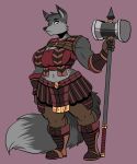  anthro armor big_breasts boots breasts canine cleavage clothed clothing female fingerless_gloves fluffy fluffy_tail footwear fur gerdsine gloves green_eyes grey_fur hammer mammal melee_weapon midriff muscular muscular_female solo thick_thighs tools volkenfox warhammer warrior weapon wolf 
