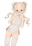  2l_(2lsize) blonde_hair blush bun_cover censored china_dress chinese_clothes closed_mouth cowboy_shot double_bun dress forehead gloves half_gloves hands_up heart heart_censor highres lace lace_gloves long_hair looking_at_viewer no_panties nose_blush original pelvic_curtain petite short_dress short_sleeves simple_background solo thick_eyebrows thighhighs white_background white_legwear 