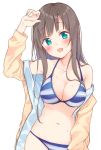  :d aqua_eyes arm_up bangs bikini blue_bikini blush breasts brown_hair cleavage collarbone commentary eyebrows_visible_through_hair hood hoodie jacket large_breasts long_hair looking_at_viewer maigoyaki navel open_clothes open_jacket open_mouth original simple_background smile solo striped striped_bikini swimsuit tareme upper_body white_background 