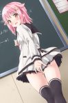  blush chalkboard commentary_request covering covering_ass embarrassed from_below hair_ornament hairclip houkago_no_pleiades kinohara_hikaru looking_at_viewer looking_back pink_hair school_uniform short_hair star star_hair_ornament subaru_(houkago_no_pleiades) thighhighs wavy_mouth writing 