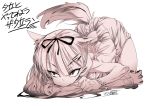  alabaster_(artist) all_fours animal_ears apron biting fang frilled_apron frills hair_flaps kantai_collection long_hair monochrome remodel_(kantai_collection) sepia signature solo tail translation_request wolf_ears wolf_tail yuudachi_(kantai_collection) 