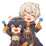  1girl bandaid bandaid_on_face belt black_gloves black_hair closed_eyes father_and_daughter fire_emblem fire_emblem:_kakusei fire_emblem_heroes flag gloves long_sleeves male_my_unit_(fire_emblem:_kakusei) mark_(female)_(fire_emblem) mark_(fire_emblem) my_unit_(fire_emblem:_kakusei) open_mouth robe short_hair shunrai simple_background white_background white_hair 