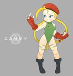  bad_id bad_pixiv_id blonde_hair blue_eyes boots braid cammy_white chiyomaru fingerless_gloves gloves green_leotard hat leotard long_hair scar solo street_fighter twin_braids 