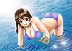  :d all_fours bikini breasts brown_eyes brown_hair cleavage collarbone frilled_bikini frills hanging_breasts large_breasts long_hair looking_at_viewer obentou open_mouth original shell side-tie_bikini smile solo standing swimsuit wading water yagisawa_keiichi 