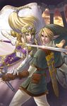  1girl aerawen-vanhouten battle blonde_hair blue_eyes braid dress duel gloves hat highres holding holding_sword holding_weapon jewelry left-handed link long_hair master_sword possessed princess_zelda shield sword the_legend_of_zelda the_legend_of_zelda:_twilight_princess tiara tunic weapon yellow_eyes 