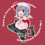  aircraft airplane bat_wings blush_stickers chibi commentary fang hat jet red_eyes remilia_scarlet sakurato_tsuguhi short_hair sitting solo touhou vampire_(airplane) wings 