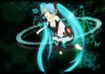  absurdres aqua_eyes aqua_hair barefoot binary bridal_gauntlets hatsune_miku hatsune_miku_(append) highres long_hair navel necktie open_mouth solo thighhighs twintails ume_(pickled_plum) very_long_hair vocaloid vocaloid_append 