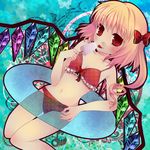  bikini blonde_hair bow breasts cleavage flandre_scarlet food frills hair_bow highres innertube long_hair navel popsicle red_bikini red_eyes side_ponytail small_breasts solo swami swimsuit tongue touhou wings 
