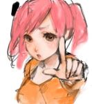  bad_id bad_pixiv_id breasts brown_eyes collarbone face hands index_finger_raised looking_at_viewer lowres medium_breasts mo-mantai original pink_hair short_hair simple_background sketch solo upper_body white_background 