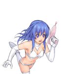 bare_shoulders blue_eyes blue_hair blush boots breasts cleavage collar collarbone copyright_request cowboy_shot elbow_gloves energy_gun gloves gun holding holding_gun holding_weapon long_hair medium_breasts navel open_mouth ray_gun running sidelocks simple_background solo thighhighs weapon white_background white_legwear yuuji_(and) 