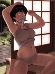  armpits arms_up ayumu_(zenkou) brown_eyes brown_hair curvy dated food grey_panties indoors looking_at_viewer md5_mismatch midriff mouth_hold navel original panties popsicle shadow shiny shiny_skin short_hair shouji sitting sliding_doors solo tank_top tatami underwear veranda zenkou 