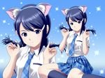  animal_ears blue_eyes blue_hair braid cat_ears hands highres idolmaster idolmaster_dearly_stars mizutani_eri plaid plaid_skirt ponnetsu rough_time_school school_uniform short_hair skirt solo twin_braids zoom_layer 