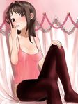  bad_id bad_pixiv_id breasts brown_hair camisole cleavage finger_to_mouth hands_on_own_knees kinugasa_yuuichi leg_up multicolored multicolored_eyes nail_polish original pink_nails pink_shirt see-through shirt sitting small_breasts solo thighhighs 