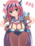  armor blush breasts cape cleavage copyright_name dragoon dragoon_(final_fantasy) final_fantasy final_fantasy_v green_eyes hands_on_hips large_breasts leaning_forward lenna_charlotte_tycoon minnku open_mouth pink_hair short_hair 