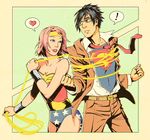  1boy 1girl black_hair clothes_writing cosplay crossover dc_comics green_eyes halftone haruno_sakura heart naruto naruto_(series) necktie pink_hair rope samurai-pet superman superman_(cosplay) superman_(series) uchiha_sasuke wonder_woman wonder_woman_(cosplay) wonder_woman_(series) 