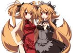 ahoge bad_id bad_pixiv_id blush breasts brown_hair china_dress chinese_clothes dress fox_tail gothic_lolita lolita_fashion long_hair looking_at_viewer maid medium_breasts multiple_girls open_mouth orange_hair original red_eyes ribbon siblings simple_background sisters smile syno tail twins twintails white_background 