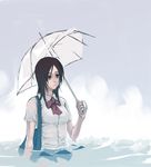  bag brown_eyes brown_hair holding original ribbon school_uniform solo umbrella wading water wet wet_clothes yuuji_(and) 