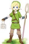  blonde_hair blue_eyes butterfly_net gloves hand_net hat link male_focus pikori pointy_ears smile solo standing the_legend_of_zelda the_legend_of_zelda:_skyward_sword 