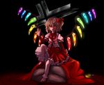  blonde_hair blood bow cross emerane evil_grin evil_smile fangs flandre_scarlet grin highres rainbow_order red sitting smile solo touhou 