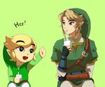  black_eyes blonde_hair blue_eyes drink dual_persona earrings gloves hat jewelry link male_focus multiple_boys muse_(rainforest) pointy_ears smile super_smash_bros. the_legend_of_zelda the_legend_of_zelda:_the_wind_waker the_legend_of_zelda:_twilight_princess toon_link 