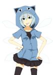  :p alternate_costume animal_hood bad_id bad_pixiv_id black_legwear blue_eyes blue_hair cat_hood cirno contemporary hands_on_hips hood hoodie ice_(doragon) short_hair skirt solo standing thighhighs tongue tongue_out touhou wings 