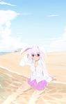  animal_ears bad_id bad_pixiv_id beach breasts bunny_ears cleavage hayagiri highres large_breasts long_hair pink_eyes reisen_udongein_inaba shirt solo touhou wet wet_clothes wet_shirt white_hair 