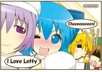  blush chen cirno english guresuke hug kiss letty_whiterock multiple_girls one_eye_closed touhou yakumo_ran 