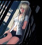  arm_behind_back blonde_hair copyright_request dark denim denim_shorts dutch_angle expressionless facepaint facial_mark gun handgun leaning legs long_hair navel shirt short_shorts short_sleeves shorts solo standing trigger_discipline unbuttoned very_long_hair weapon white_shirt yellow_eyes yuuji_(and) 