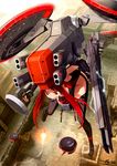  bail chrysalis_(mgs:peace_walker) elbow_gloves fingerless_gloves flying gloves gun highres long_hair mecha mecha_musume metal_gear_(series) metal_gear_solid_peace_walker military open_mouth personification red_eyes red_hair solo thighhighs weapon 