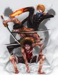  bandana black_hair blonde_hair boyaking cigarette diable_jambe earrings fighting_stance formal gear_second hat highres jewelry katana kicking male_focus monkey_d_luffy mouth_hold multiple_boys one_piece roronoa_zoro sanji scar smoking steam straw_hat suit sword triple_wielding weapon 