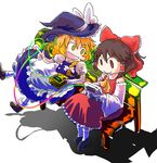  blonde_hair bow braid brown_eyes brown_hair detached_sleeves game_boy hair_bow hakurei_reimu handheld_game_console hat jizeru_(giselebon) kirisame_marisa link_cable multiple_girls pokemon short_hair touhou witch_hat yellow_eyes 