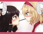  alice_margatroid blonde_hair blue_eyes blush brown_eyes brown_hair food hairband hakurei_reimu multiple_girls pocky pocky_kiss poshi_(ginmokusei) shared_food short_hair sweat touhou translated yuri 