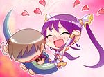  1girl blush chibi closed_eyes earrings game_cg happy heart jewelry kano_hito lamia lamia_hygieia mamonomusume_to_no_seikatsu mamonomusume_to_no_seikatsu_~ramia_no_baai~ monster_girl open_mouth purple_hair snake snake_bondage strangling turn_pale twintails 