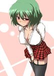  &gt;:( adapted_costume black_legwear blush body_blush breasts cleavage collarbone covered_nipples covering covering_crotch dutch_angle embarrassed frown garter_straps garters green_hair haji_(hajiko) kazami_yuuka large_breasts leaning_forward miniskirt open_clothes pink_background plaid plaid_skirt pleated_skirt red_eyes shiny shiny_skin short_hair skirt skirt_tug solo standing sweatdrop thighhighs touhou v-shaped_eyebrows zettai_ryouiki 