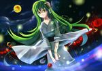  bad_id bad_pixiv_id frog green_eyes green_hair hair_ornament huoshansama japanese_clothes kimono kochiya_sanae long_hair moon night snake solo touhou yukata 