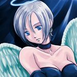  angel_wings blue_eyes breasts chinyan choker cleavage dragon_quest dragon_quest_ix earrings halo jewelry large_breasts raviel short_hair silver_hair solo wings 
