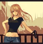  arm_support babydoll_t-shirt brown_eyes brown_hair goggles hand_on_hip letterboxed long_hair midriff mustard_seeds navel original pants railing short_sleeves solo standing v-neck wind yuuji_(and) 