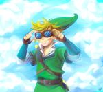  artist_request belt blonde_hair day gloves goggles hat highres link male_focus sky smile solo the_legend_of_zelda the_legend_of_zelda:_skyward_sword 