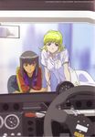  arm_support black_hair blonde_hair car car_interior dark_skin ex-driver ground_vehicle highres itou_takeshi kazama_rei looking_at_viewer motor_vehicle multiple_girls nina_anna_thunder official_art smile steering_wheel 