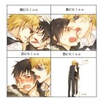  abuse biting black_hair blonde_hair blood blush bow bowtie closed_eyes coat durarara!! fainting headbutt height_difference heiwajima_shizuo kiss kiss_chart lift male_focus multiple_boys nosebleed one_eye_closed orihara_izaya red_eyes saliva sunglasses tears tsundere tuxedo vest yaoi yellow_eyes 