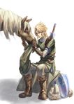  bad_id bad_pixiv_id blonde_hair blue_eyes epona gloves hat horse kokutan_kitsunen link male_focus sheath sheathed shield smile solo sword the_legend_of_zelda weapon 