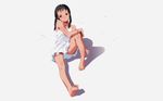  bare_legs bare_shoulders barefoot black_eyes black_hair bracelet braid feet hair_over_shoulder hamamura highres jewelry leg_lift legs long_hair looking_at_viewer original simple_background sitting skirt smile solo toes twin_braids twintails wallpaper white_background white_skirt 