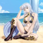  beach bikini boots breasts cleavage cleavage_cutout day high_heels large_breasts legs long_hair ocean red_eyes selvaria_bles senjou_no_valkyria shoes silver_hair sitting solo spread_legs swimsuit thighs tonbidou 