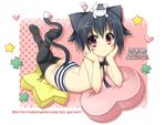  animal_ears black_hair blush cat_ears cat_tail clover collarbone heart highres looking_at_viewer lying on_stomach ooji_cha original panties red_eyes short_hair solo star tail tareme thighhighs topless underwear 