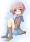  brown_eyes cardigan glasses highres kita_high_school_uniform nagato_yuki purple_hair school_uniform serafuku shoes short_hair single_shoe snow_(gi66gotyo) solo suzumiya_haruhi_no_shoushitsu suzumiya_haruhi_no_yuuutsu 