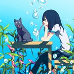  bad_id bad_pixiv_id blue_hair bubble cat copyright_request drinking drinking_straw fish kosa_k pants sitting solo underwater water 